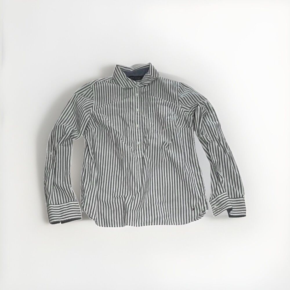 Tommy Hilfiger Shirt Top Womens Small Collared Popover Blue Striped Long Sleeve